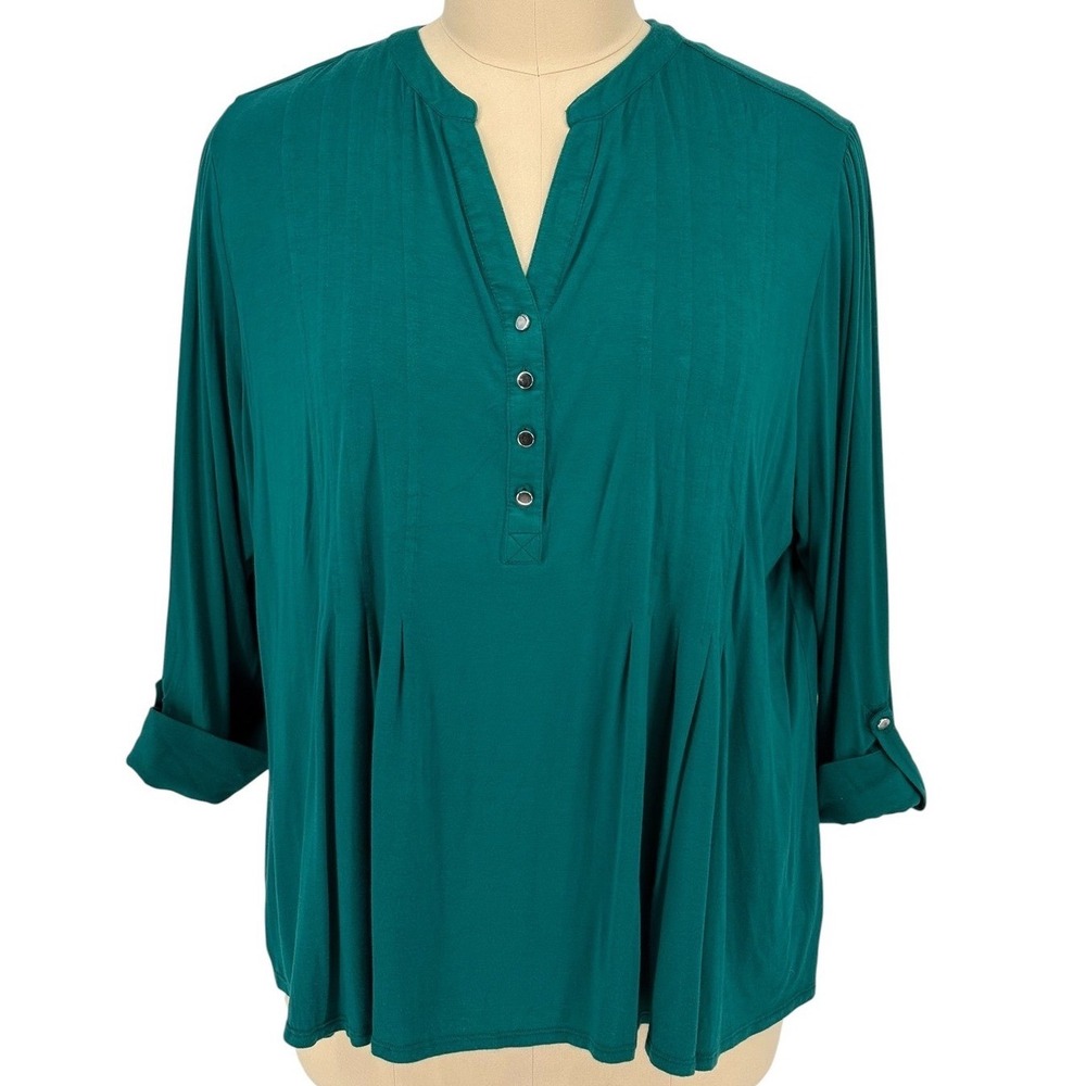 Wonderly Henley Blouse Teal Green Pintuck Roll Tab Sleeve 4X